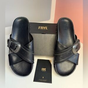 Frye Black Leather Buckle Slides